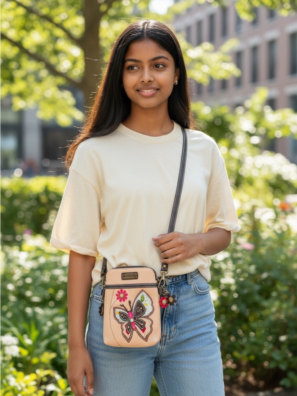 Chala Cream Crossbody Cell Phone Bag with Pink & Brown Butterfly Appliqué (NWOT) - Picture 3 of 13